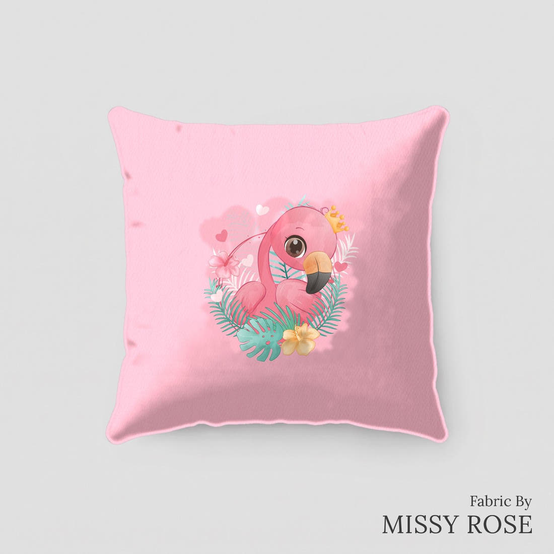 Design 214 Pink Flamingo Panel sewn into a cushion – see how the panel looks made up | Fabric by Missy Rose