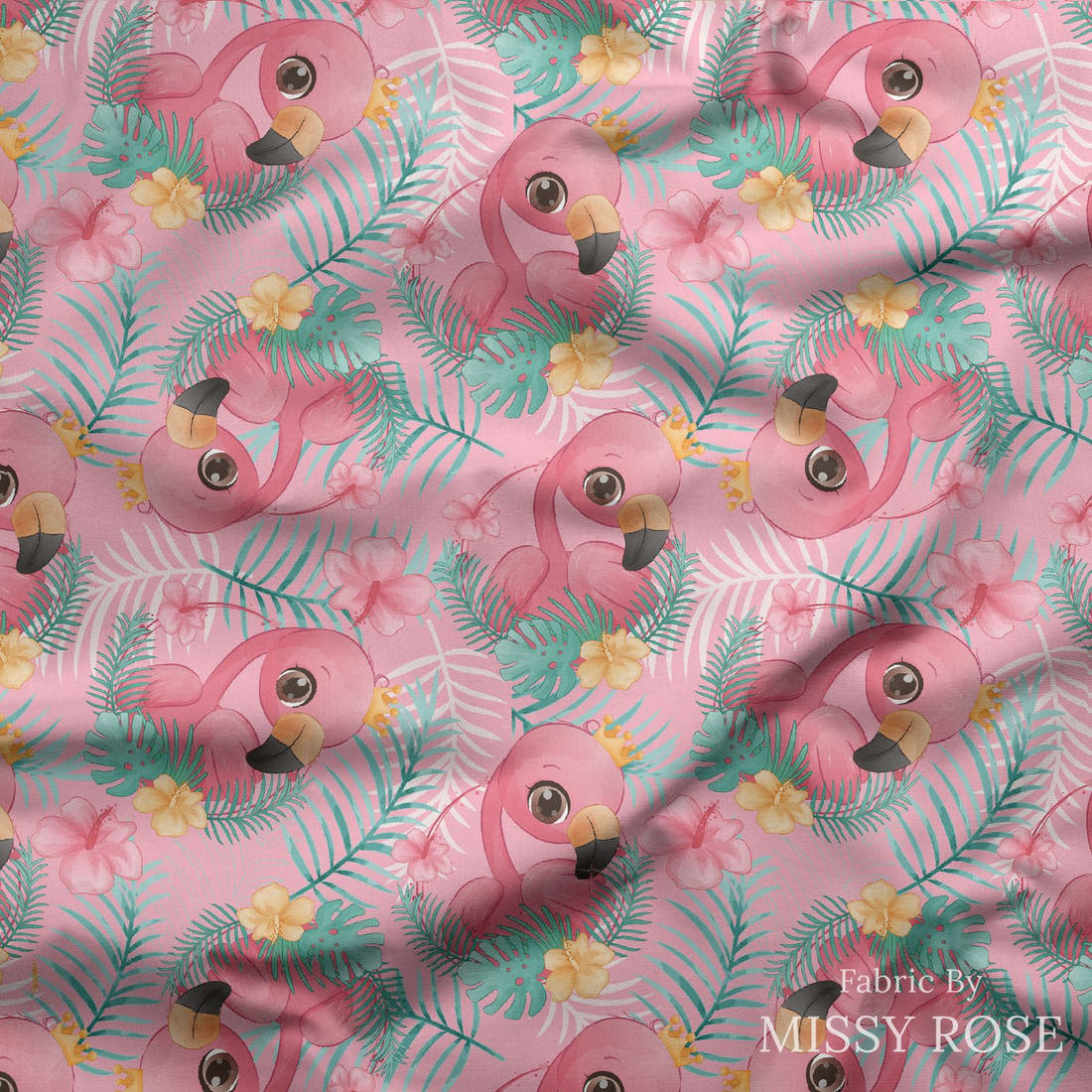 Design 214 Pink Flamingo Fabric draped fabric mockup – custom printed fabric by the metre | Fabric by Missy Rose