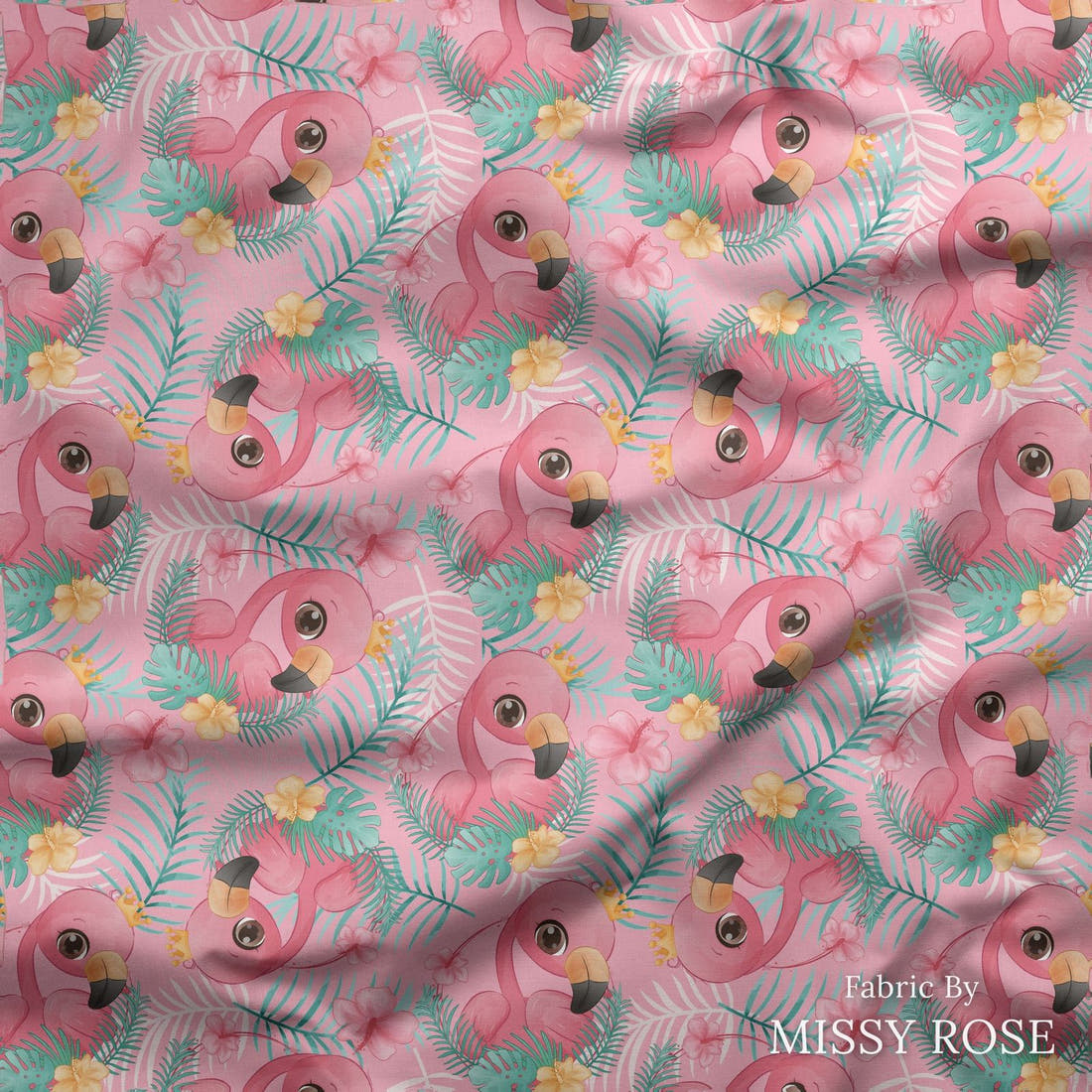 Design 214 Pink Flamingo Fabric draped fabric mockup – custom printed fabric by the metre | Fabric by Missy Rose