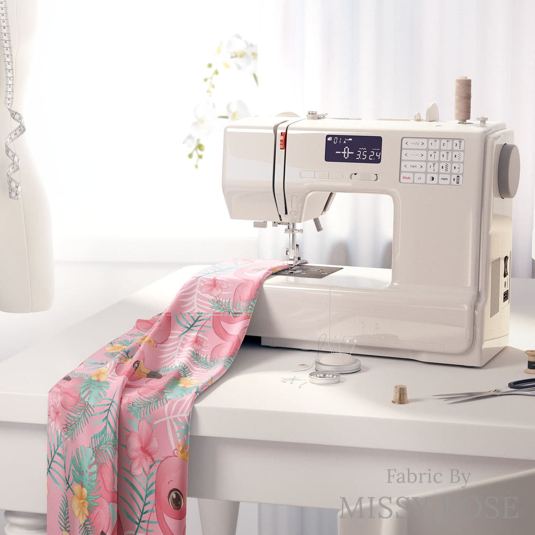 Design 214 Pink Flamingo Fabric on a sewing machine – premium fabric for sewing projects | Fabric by Missy Rose