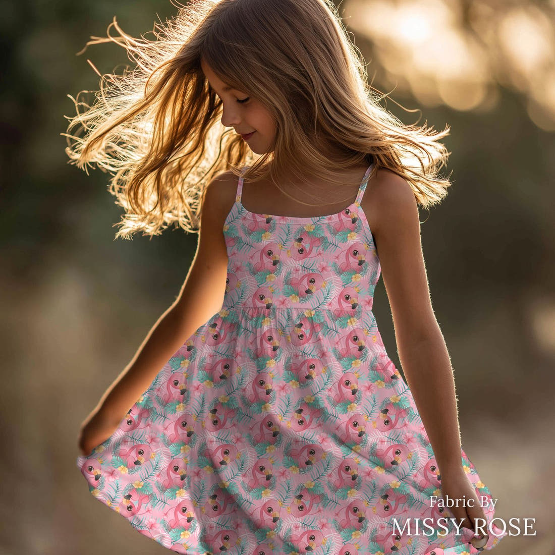 Design 214 Pink Flamingo Fabric sewn into a girls' dress – see how the print looks made up | Fabric by Missy Rose