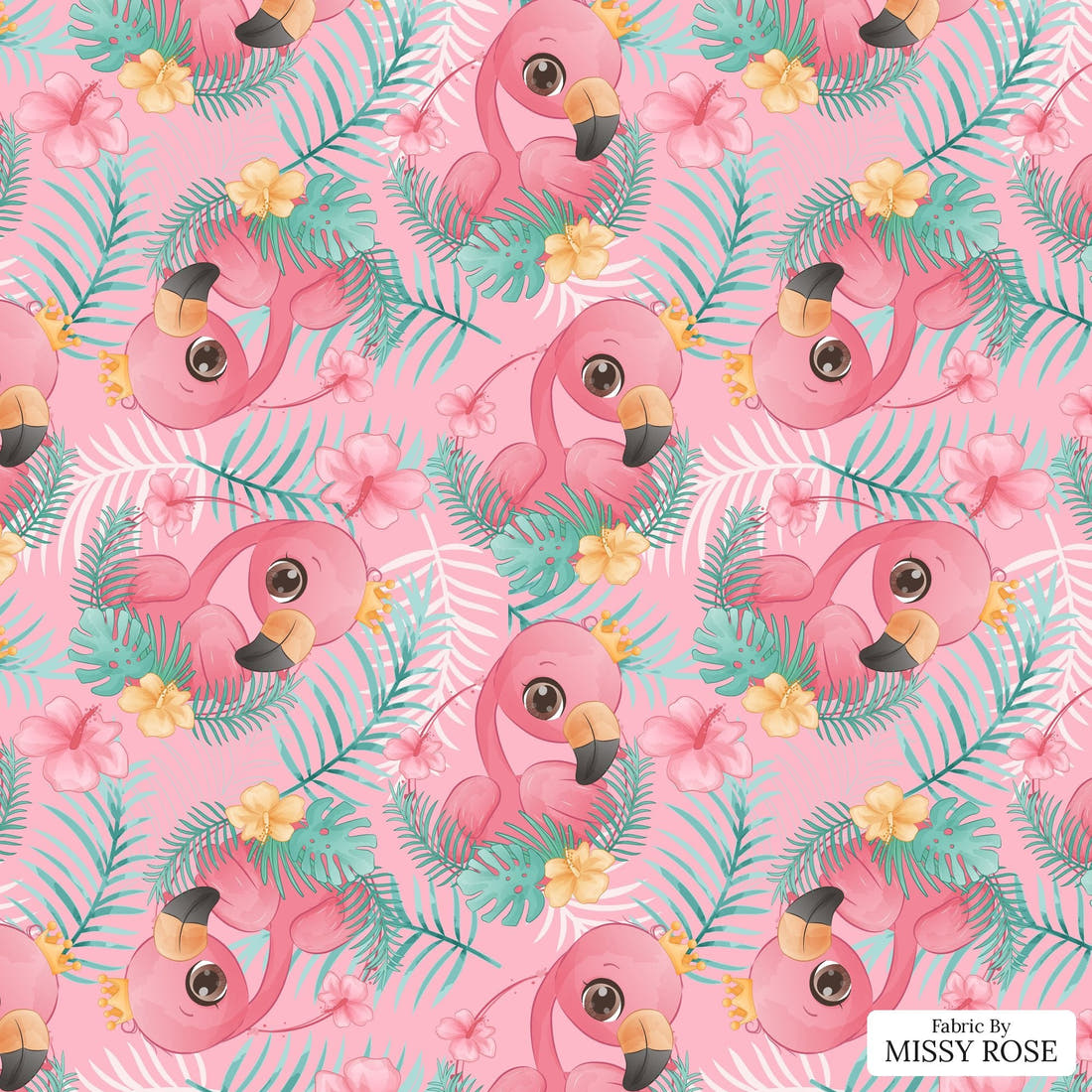 Design 214 Pink Flamingo Fabric - flat view of the print, zoom in for detail | Fabric by Missy Rose