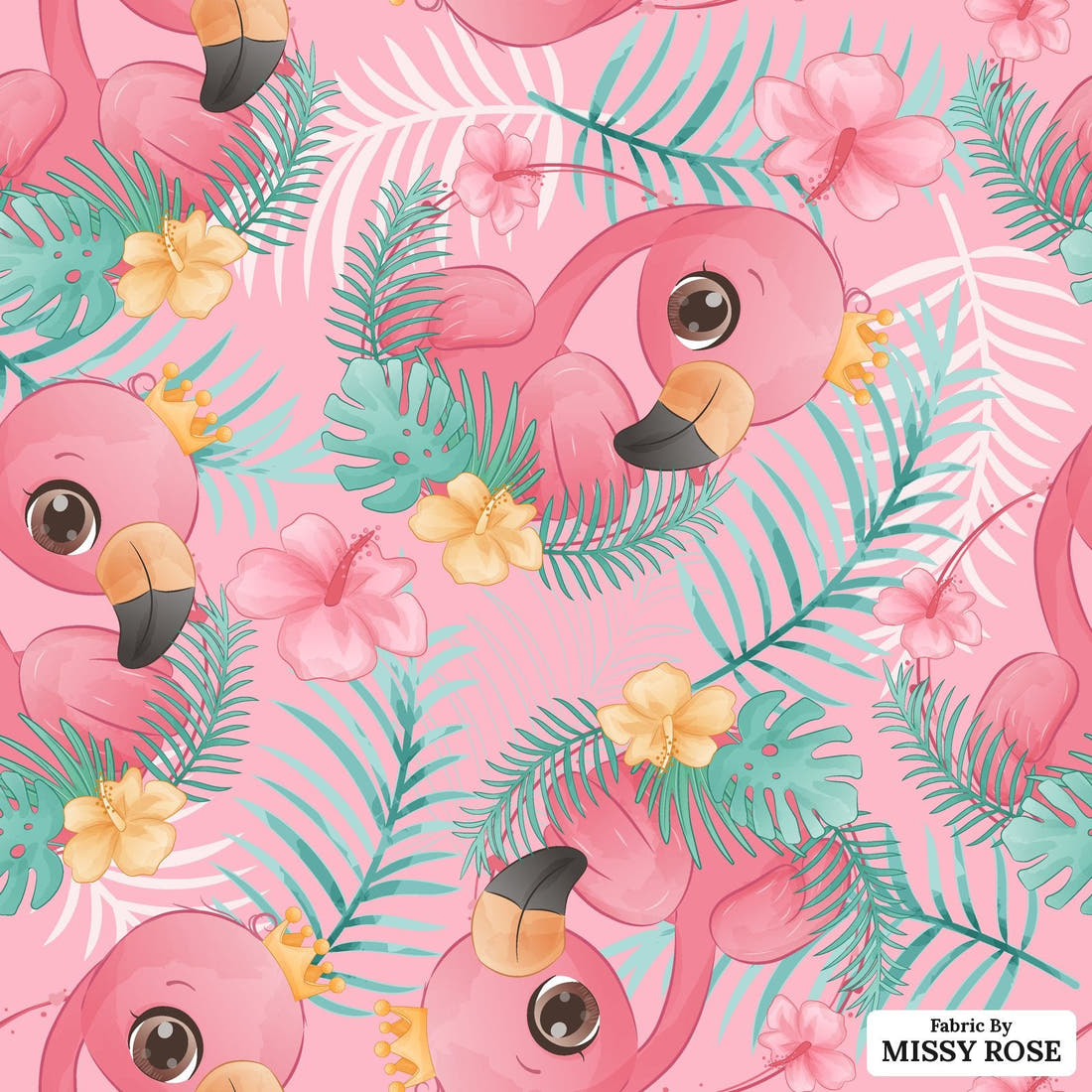 Design 214 Pink Flamingo Fabric - flat view of the print, zoom in for detail | Fabric by Missy Rose