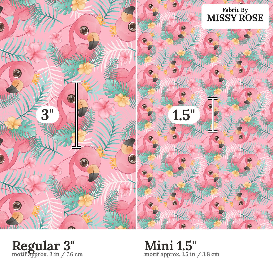 Design 214 Pink Flamingo Fabric size comparison - print scale | Fabric by Missy Rose