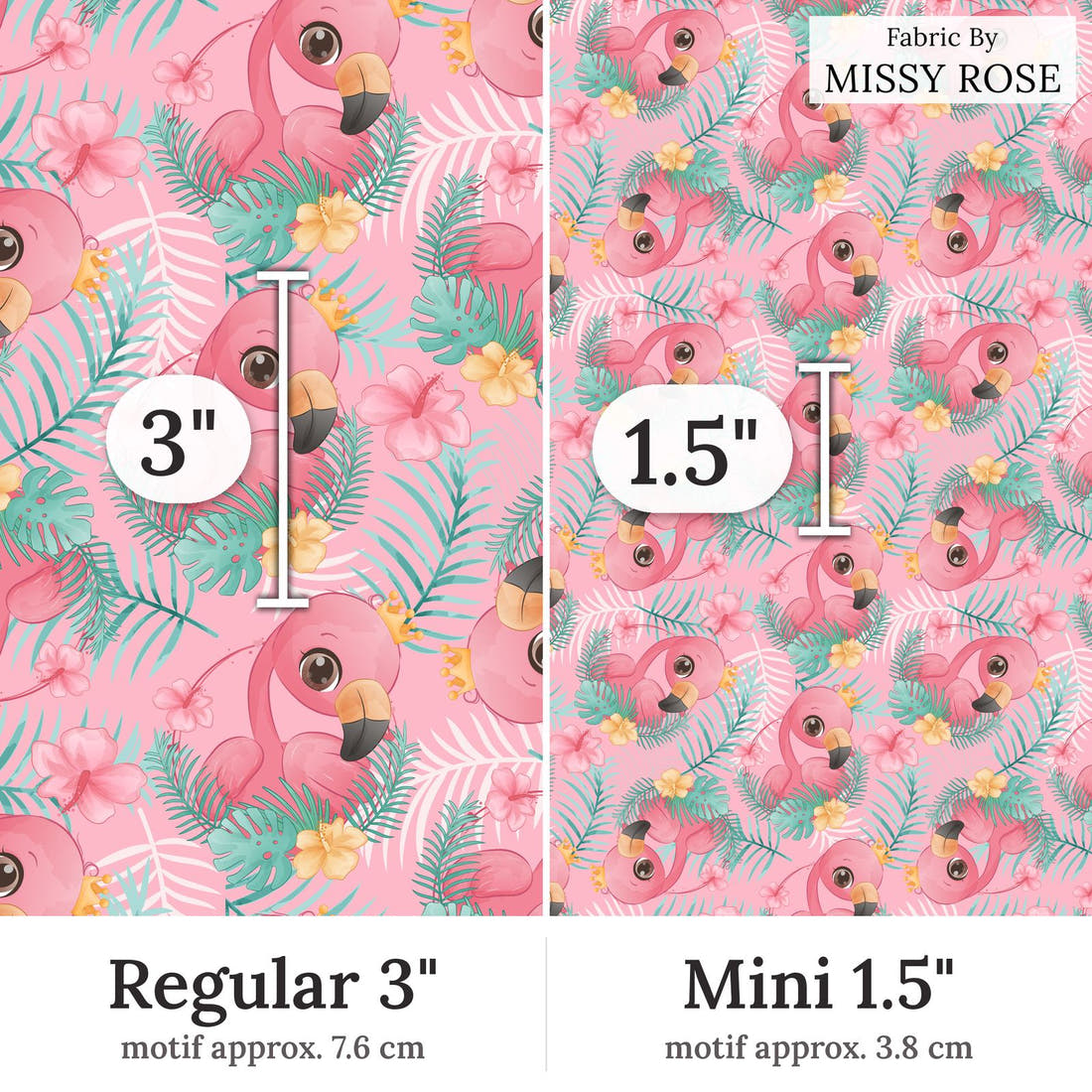 Design 214 Pink Flamingo Fabric Regular 3 inch vs Mini 1.5 inch print scale side by side | Fabric by Missy Rose
