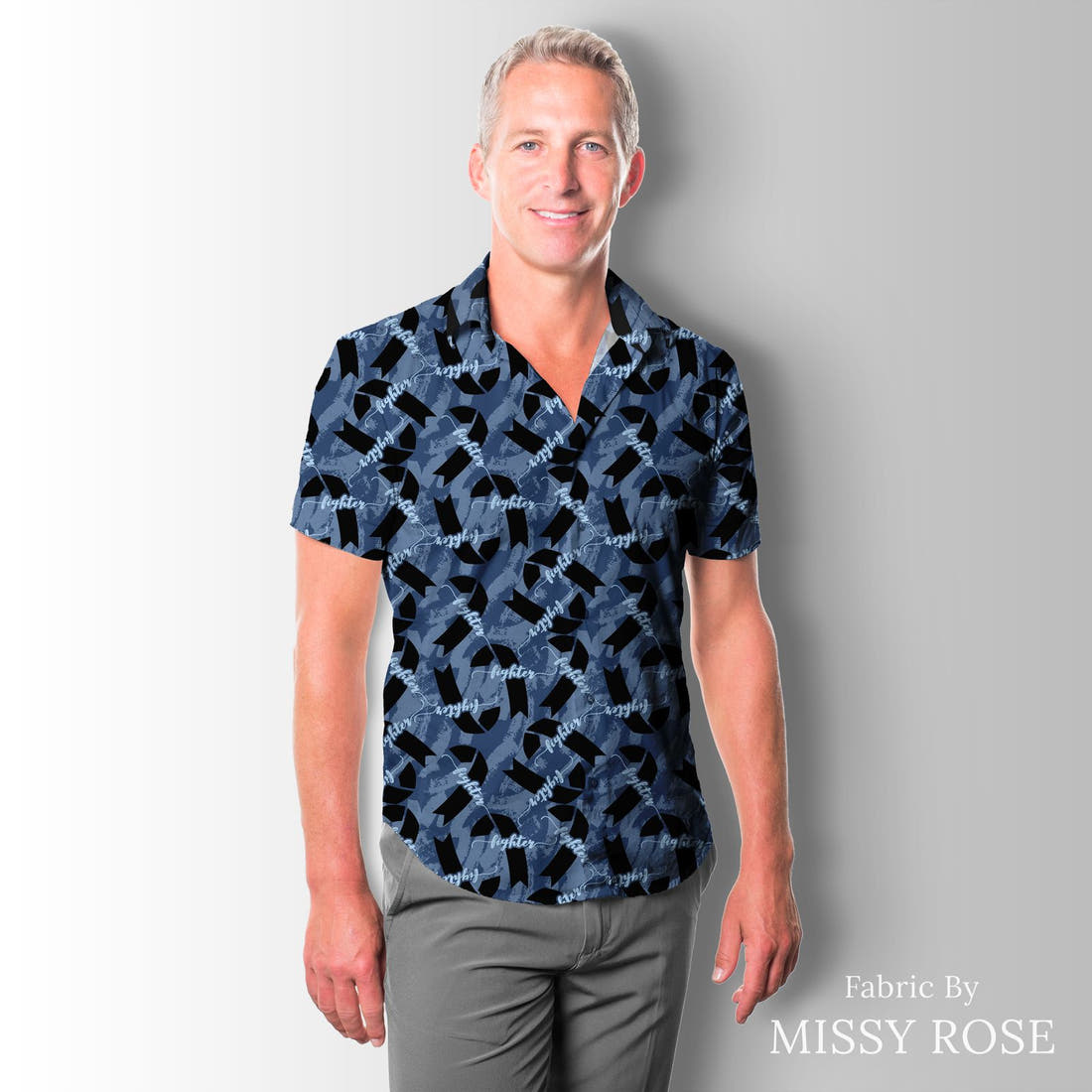 Design 215 Fighter Fabric sewn into a men's shirt – see how the print looks made up | Fabric by Missy Rose