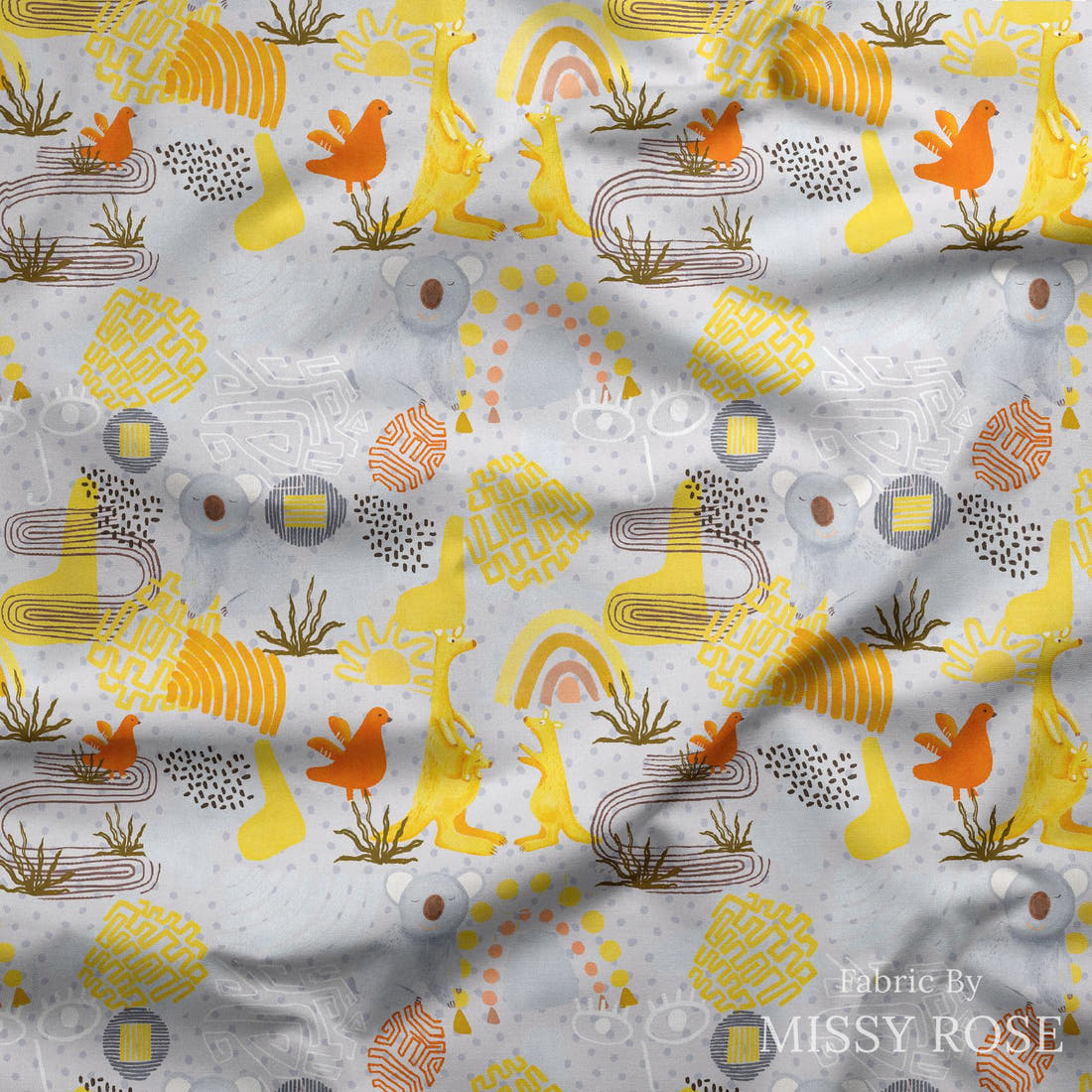 Design 216 Grey Australian Animals Fabric draped fabric mockup – custom printed fabric by the metre | Fabric by Missy Rose