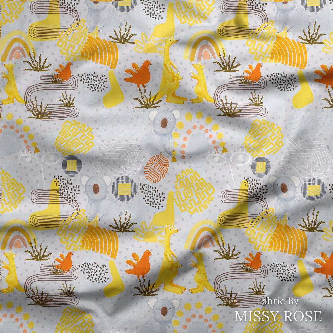 Design 216 Grey Australian Animals Fabric draped fabric mockup – custom printed fabric by the metre | Fabric by Missy Rose