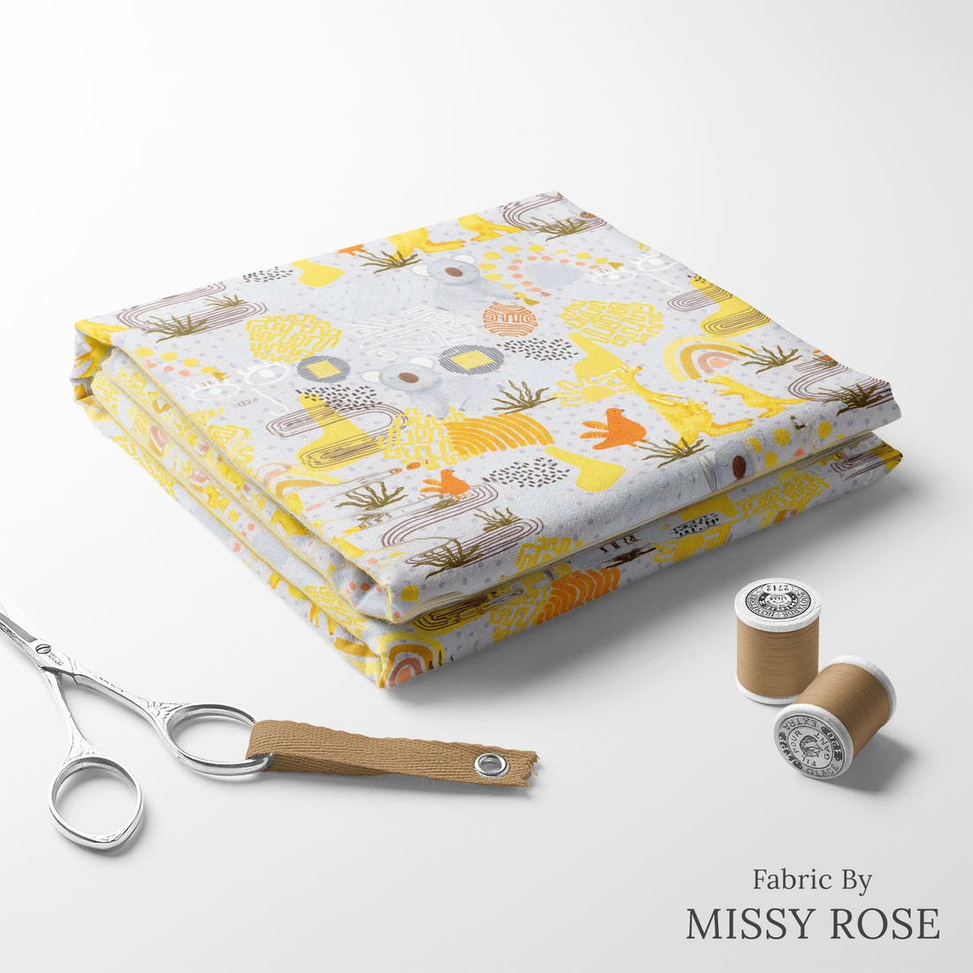Design 216 Grey Australian Animals Fabric folded fabric stack with matching thread – pre-order fabric Australia | Fabric by Missy Rose