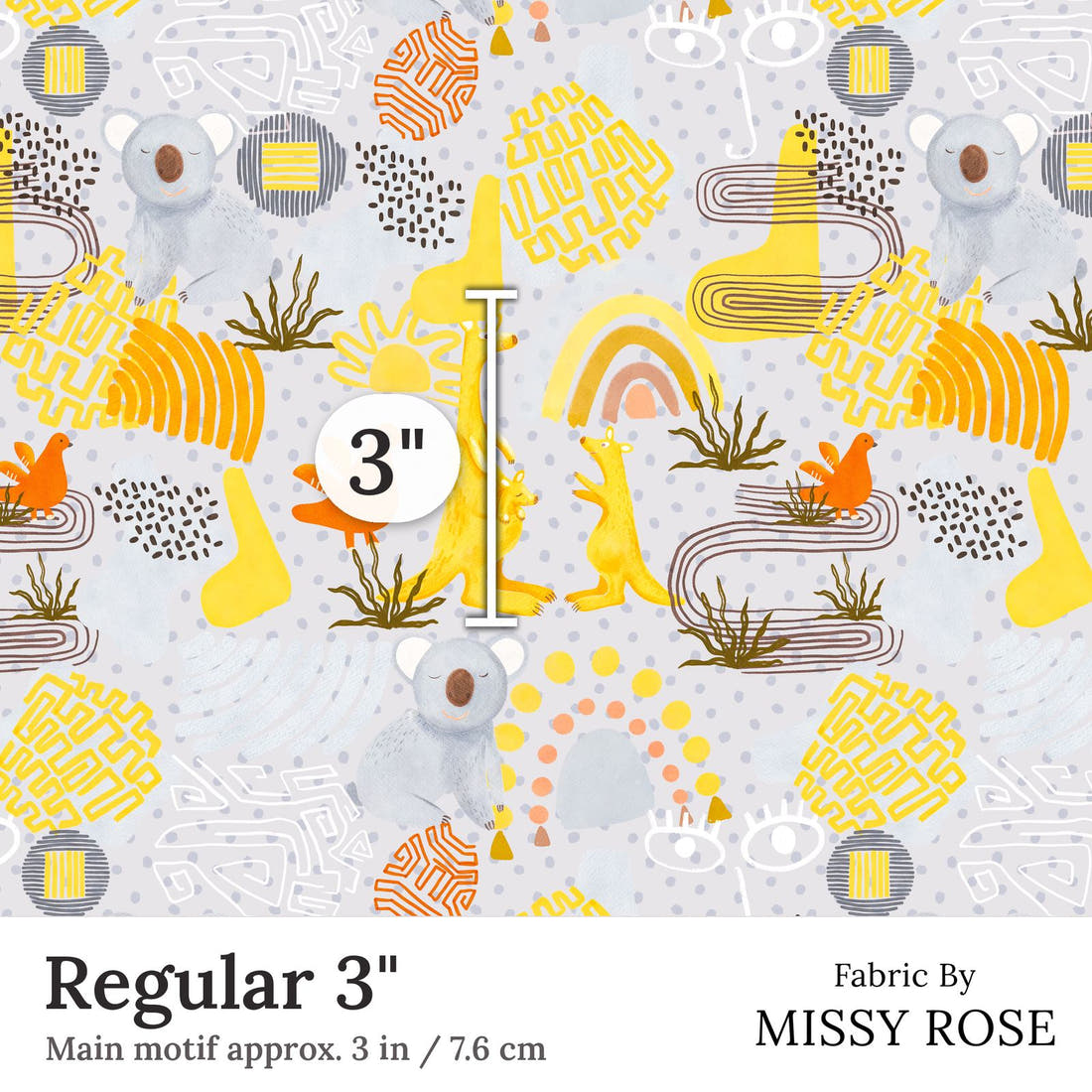 Design 216 Grey Australian Animals Fabric Regular 3 inch print scale guide | Fabric by Missy Rose