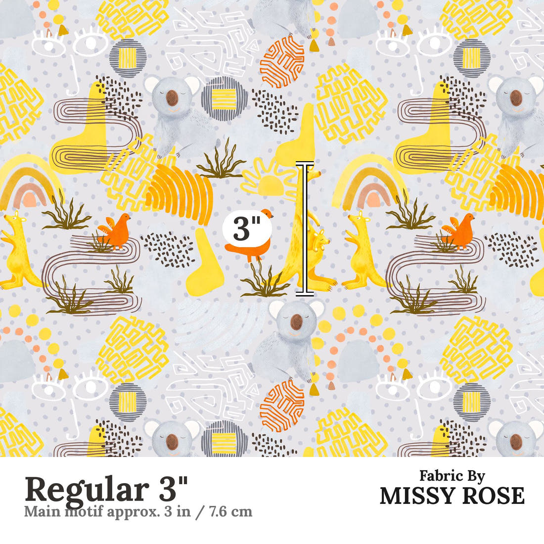 Design 216 Grey Australian Animals Fabric Regular 3" - print scale | Fabric by Missy Rose