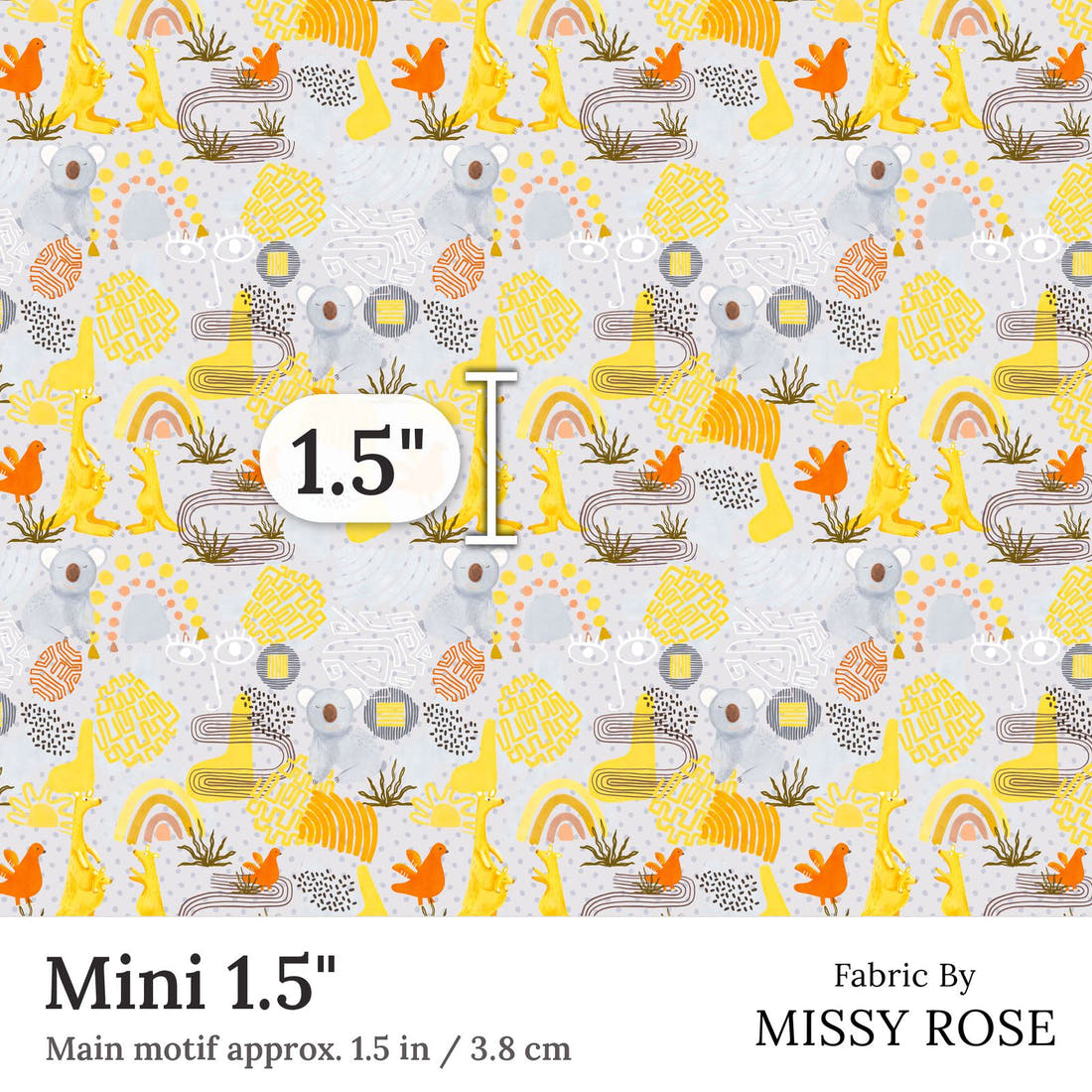 Design 216 Grey Australian Animals Fabric Mini 1.5 inch print scale guide | Fabric by Missy Rose
