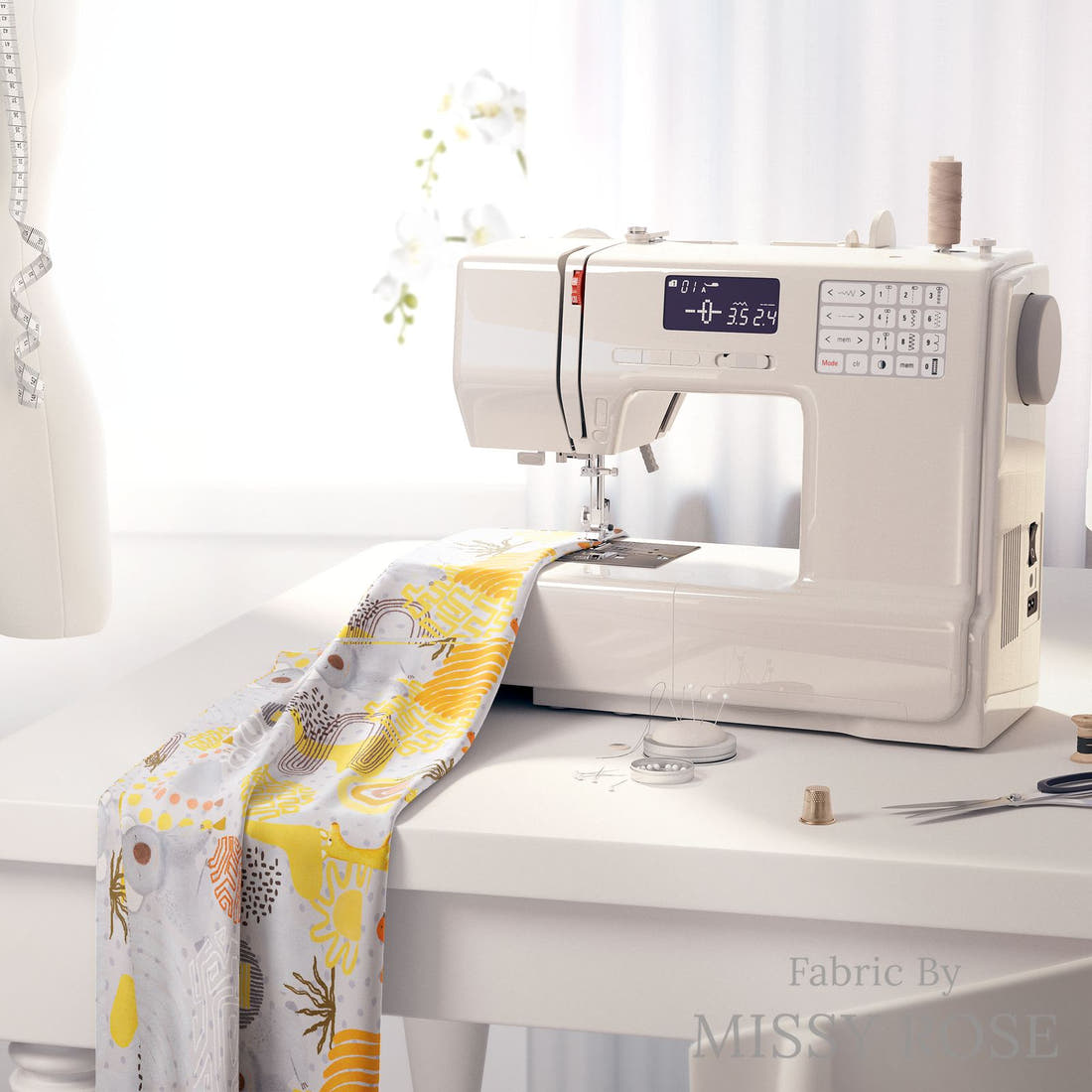 Design 216 Grey Australian Animals Fabric on a sewing machine – premium fabric for sewing projects | Fabric by Missy Rose