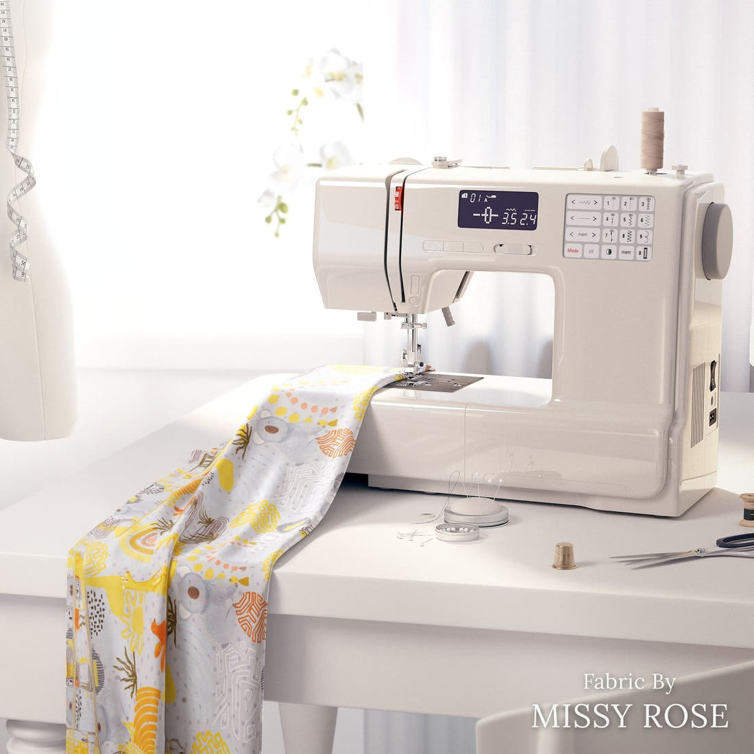 Design 216 Grey Australian Animals Fabric on a sewing machine – premium fabric for sewing projects | Fabric by Missy Rose