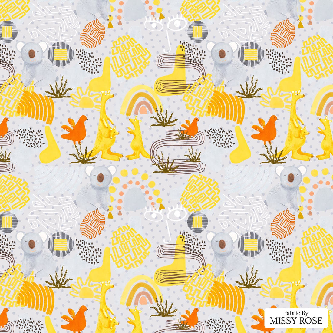 Design 216 Grey Australian Animals Fabric - flat view of the print, zoom in for detail | Fabric by Missy Rose