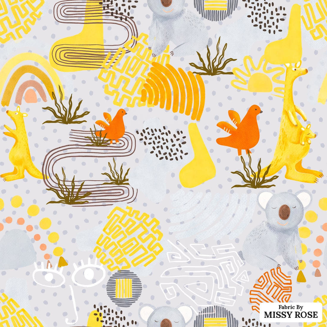 Design 216 Grey Australian Animals Fabric - flat view of the print, zoom in for detail | Fabric by Missy Rose