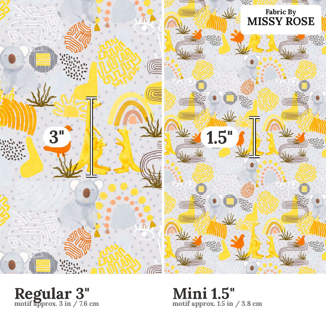 Design 216 Grey Australian Animals Fabric size comparison - print scale | Fabric by Missy Rose