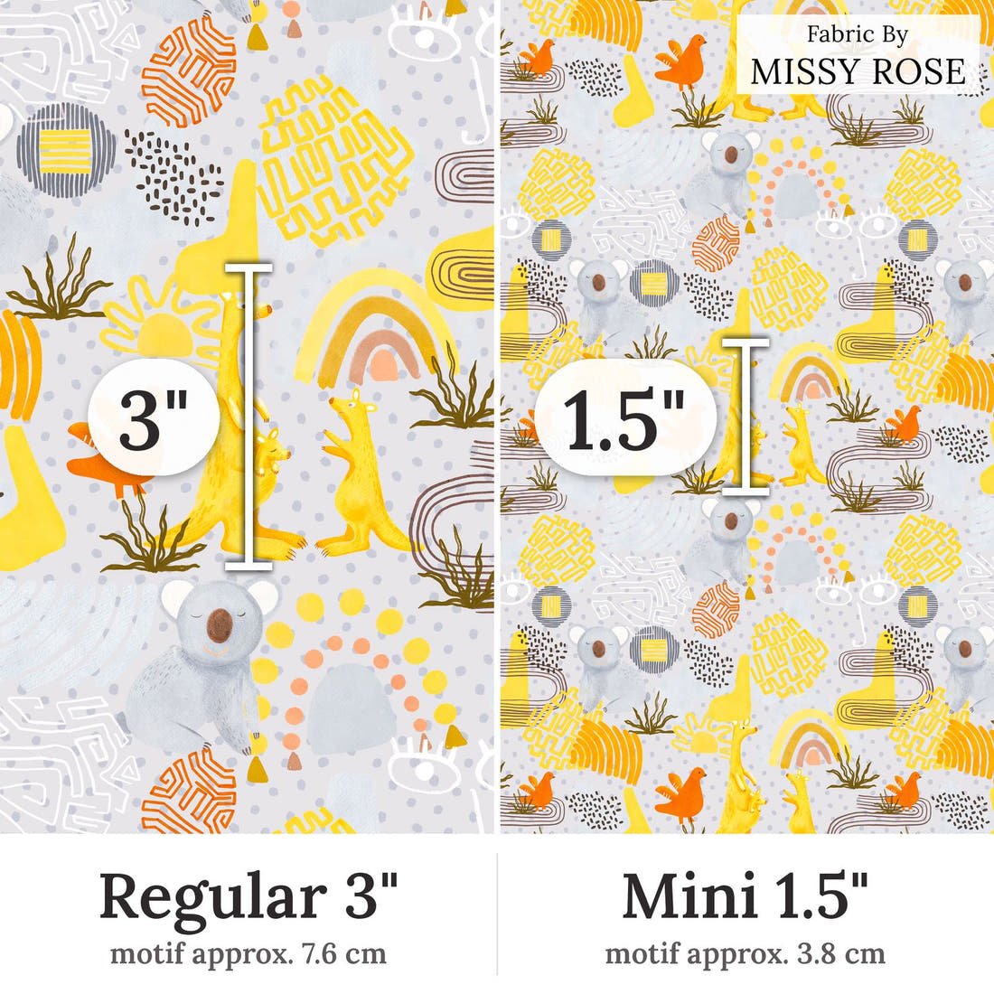 Design 216 Grey Australian Animals Fabric Regular 3 inch vs Mini 1.5 inch print scale side by side | Fabric by Missy Rose