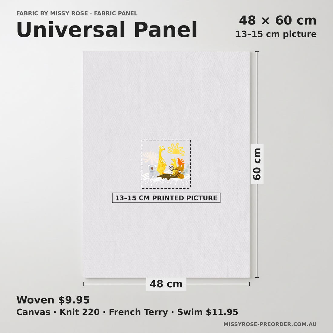 Design 216 Grey Australian Animals Panel universal panel sizing – 13–15 cm printed picture on 48 × 60 cm fabric | Fabric by Missy Rose