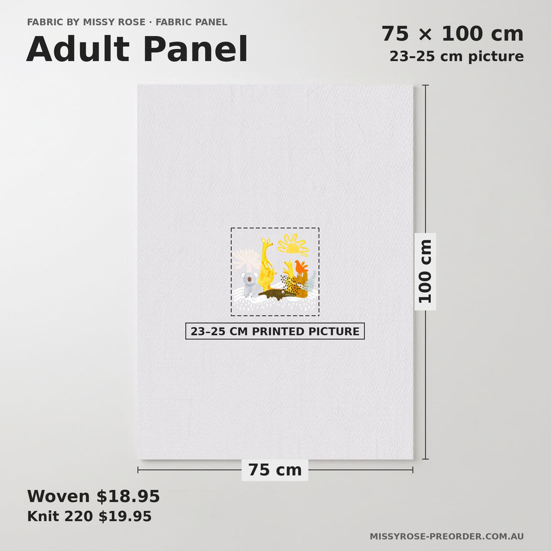Design 216 Grey Australian Animals Panel adult panel sizing – 23–25 cm printed picture on 75 × 100 cm fabric | Fabric by Missy Rose