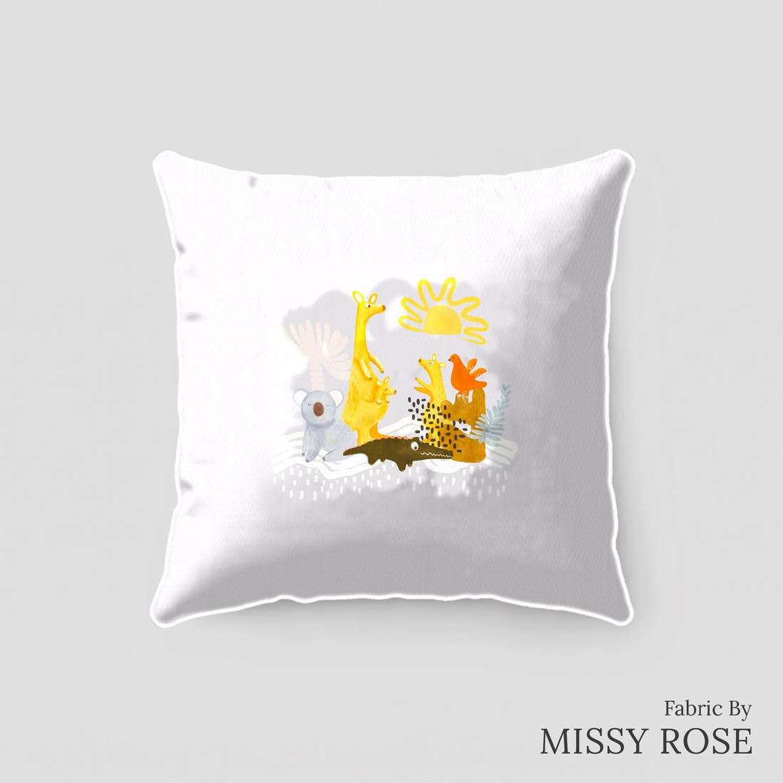 Design 216 Grey Australian Animals Panel sewn into a cushion – see how the panel looks made up | Fabric by Missy Rose