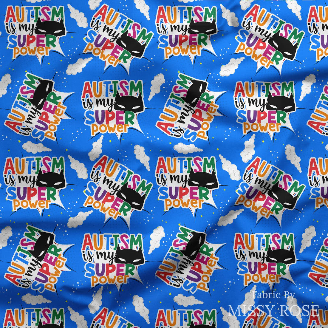 Design 217 Autism Fabric draped fabric mockup – custom printed fabric by the metre | Fabric by Missy Rose
