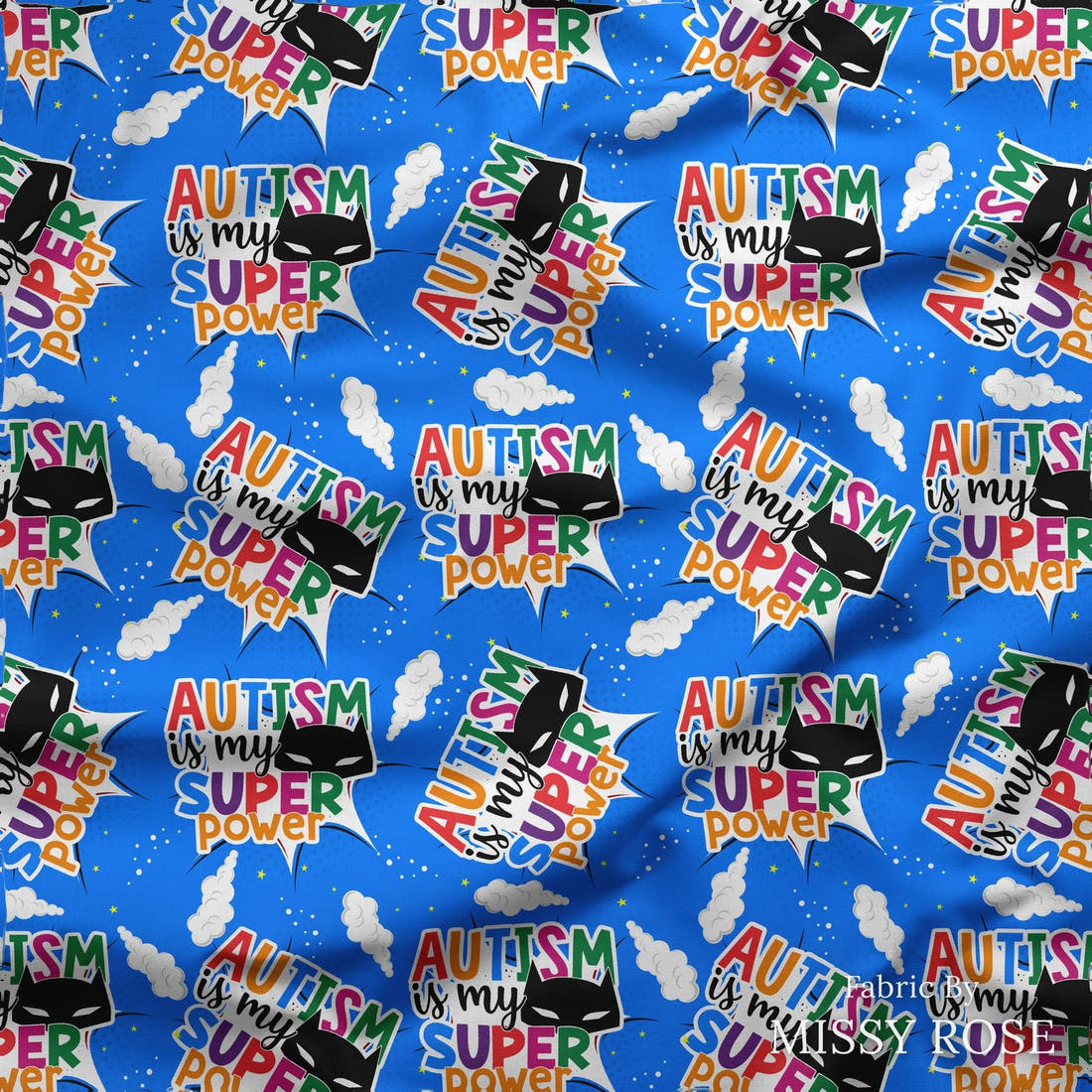 Design 217 Autism Fabric draped fabric mockup – custom printed fabric by the metre | Fabric by Missy Rose