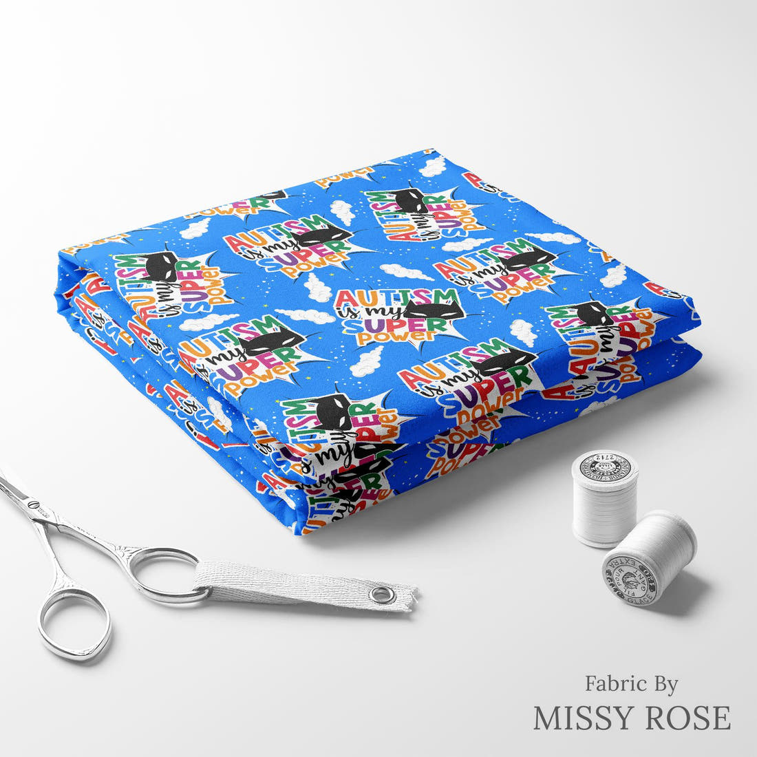 Design 217 Autism Fabric folded fabric stack with matching thread – pre-order fabric Australia | Fabric by Missy Rose