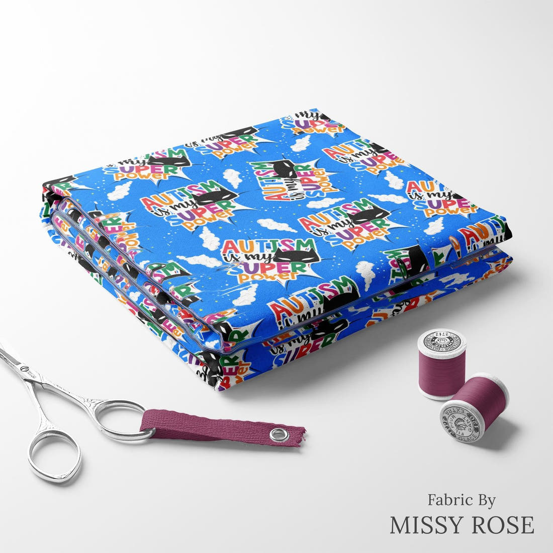 Design 217 Autism Fabric folded fabric stack with matching thread – pre-order fabric Australia | Fabric by Missy Rose