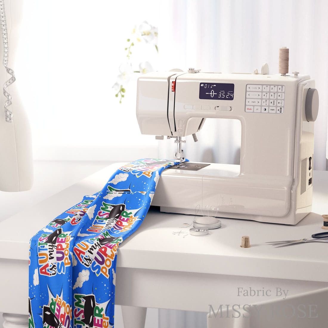 Design 217 Autism Fabric on a sewing machine – premium fabric for sewing projects | Fabric by Missy Rose