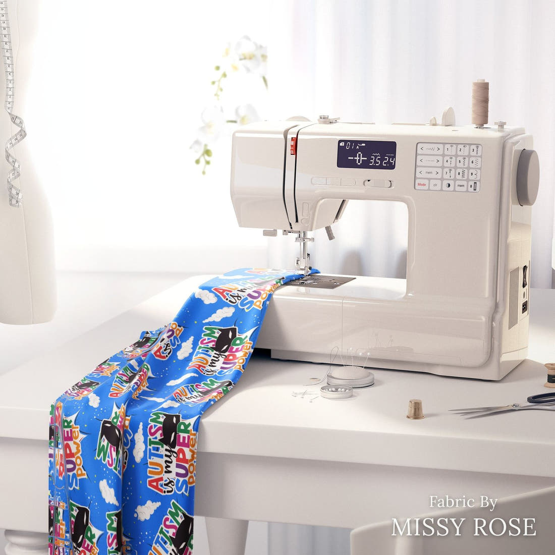 Design 217 Autism Fabric on a sewing machine – premium fabric for sewing projects | Fabric by Missy Rose