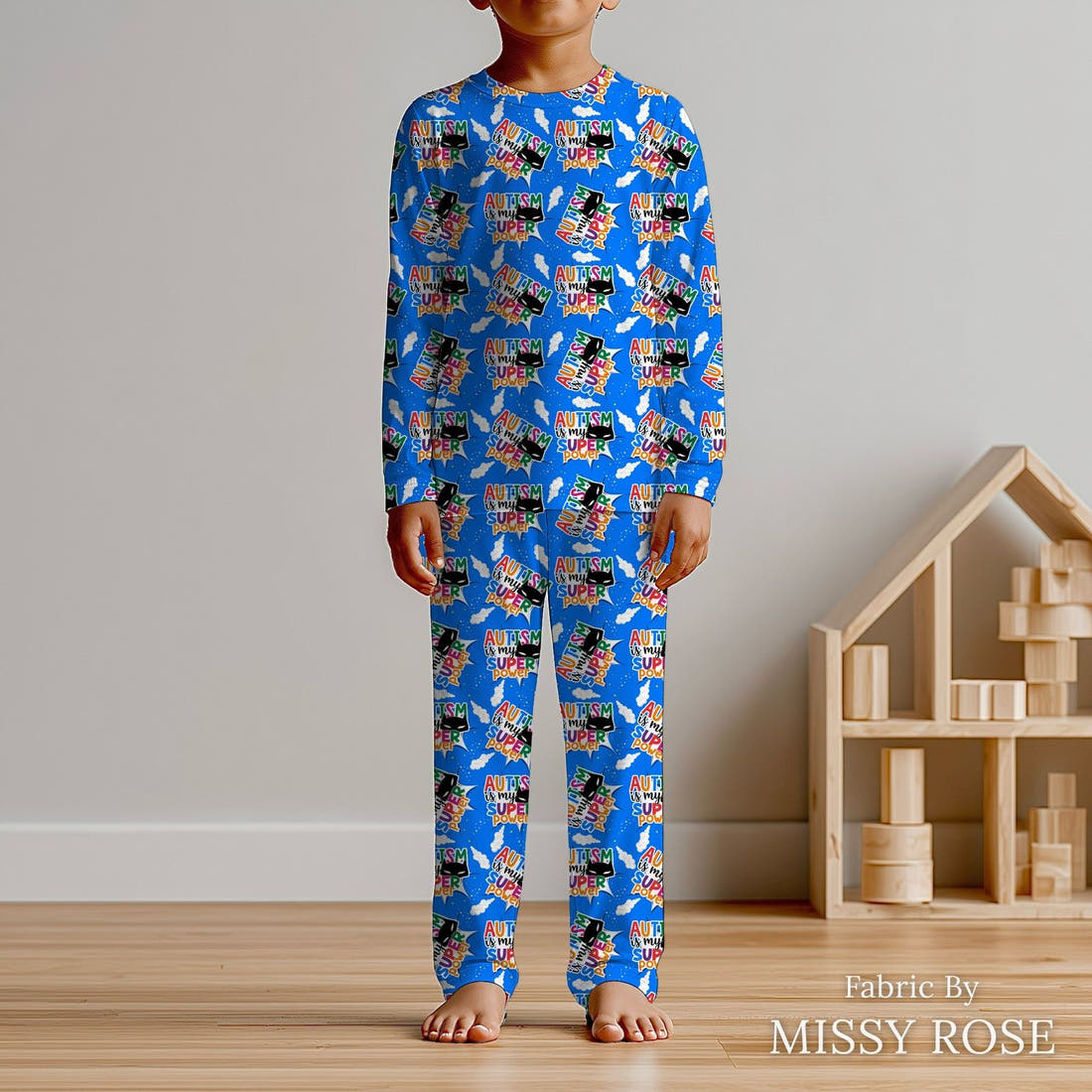 Design 217 Autism Fabric sewn into kids' pyjamas – see how the print looks made up | Fabric by Missy Rose
