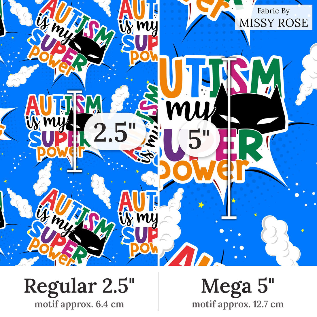 Design 217 Autism Fabric Regular 2.5 inch vs Mega 5 inch print scale side by side | Fabric by Missy Rose