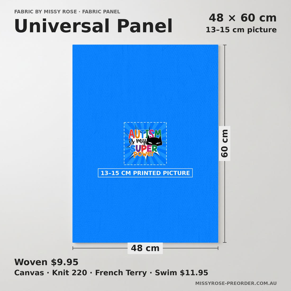 Design 217 Autism Panel universal panel sizing – 13–15 cm printed picture on 48 × 60 cm fabric | Fabric by Missy Rose
