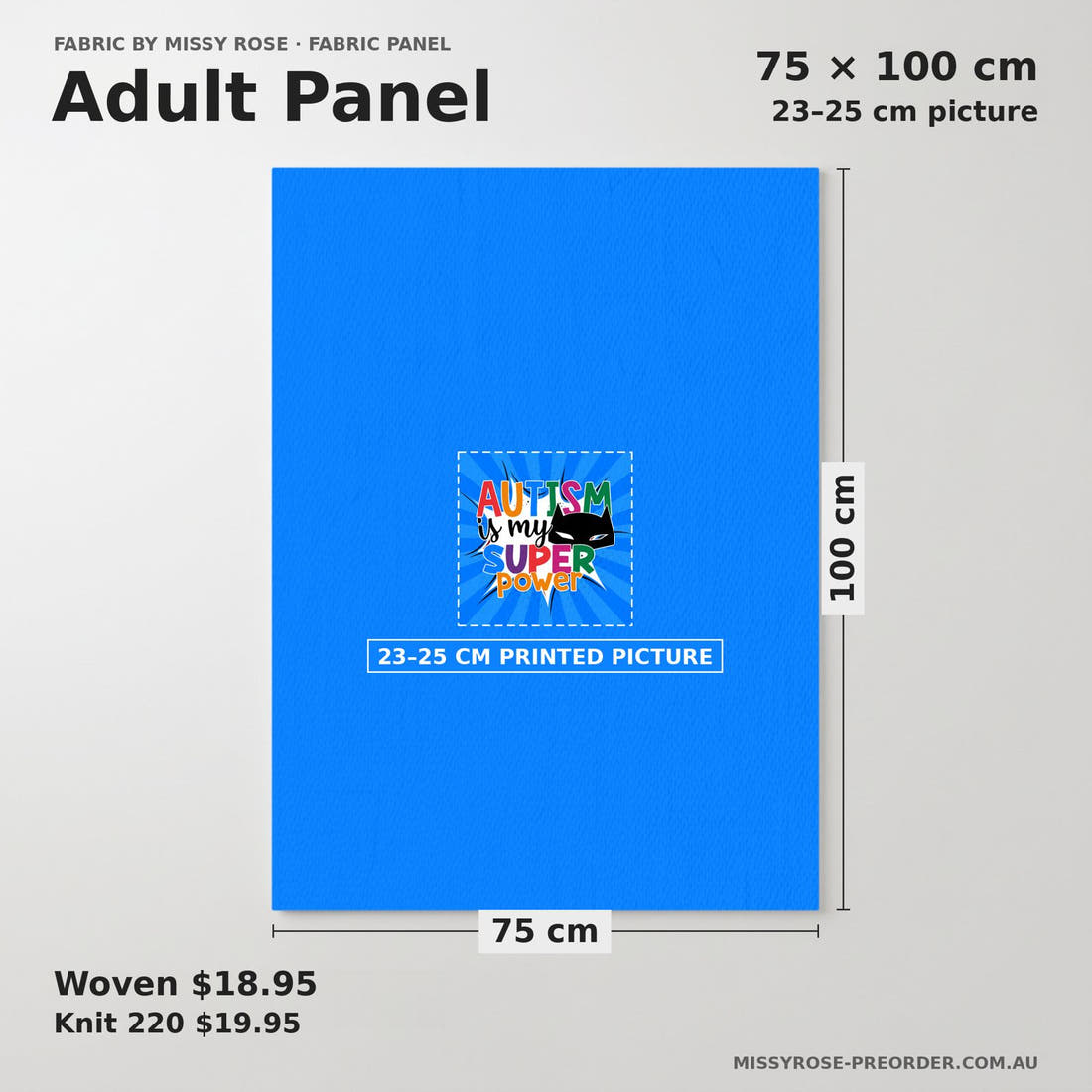 Design 217 Autism Panel adult panel sizing – 23–25 cm printed picture on 75 × 100 cm fabric | Fabric by Missy Rose