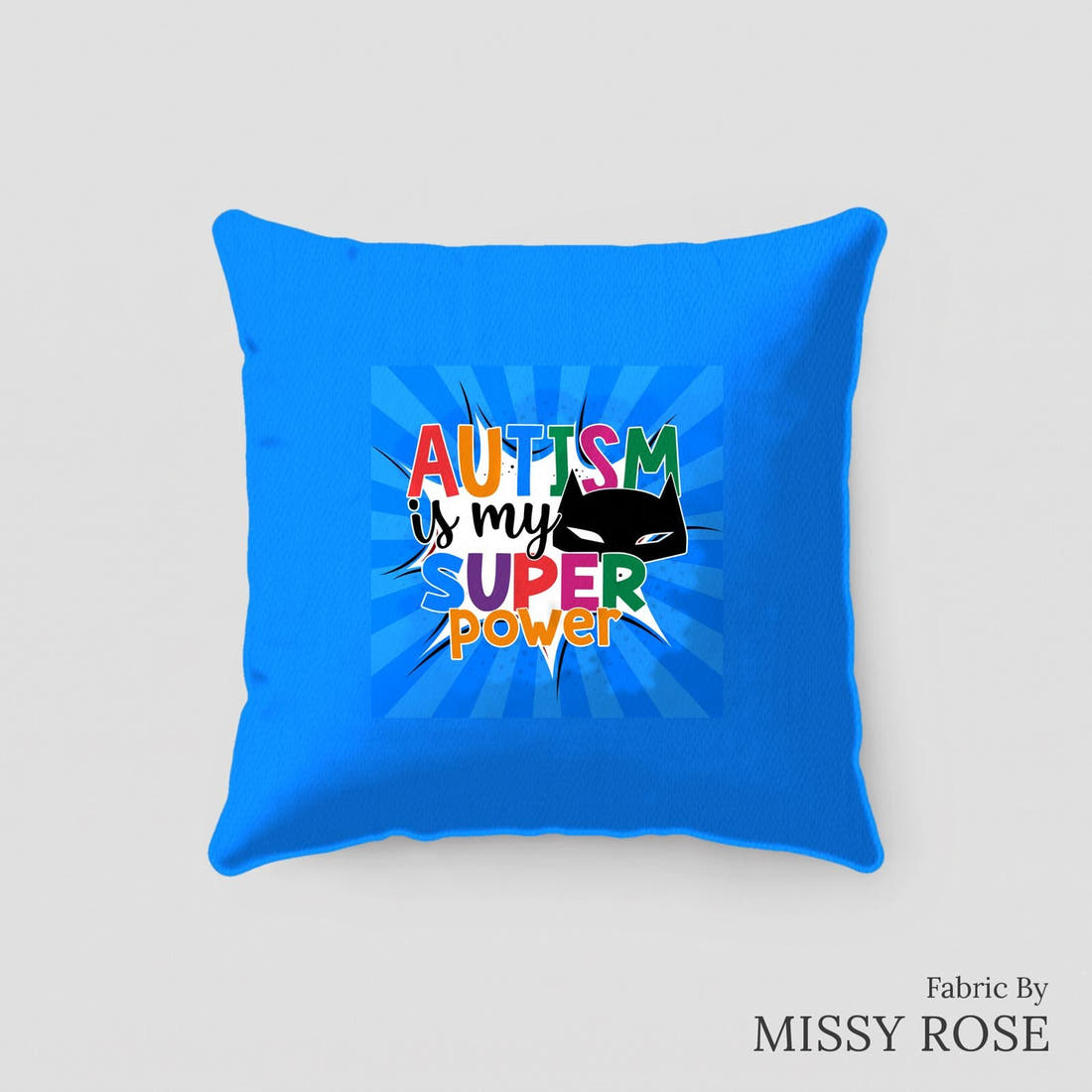 Design 217 Autism Panel sewn into a cushion – see how the panel looks made up | Fabric by Missy Rose