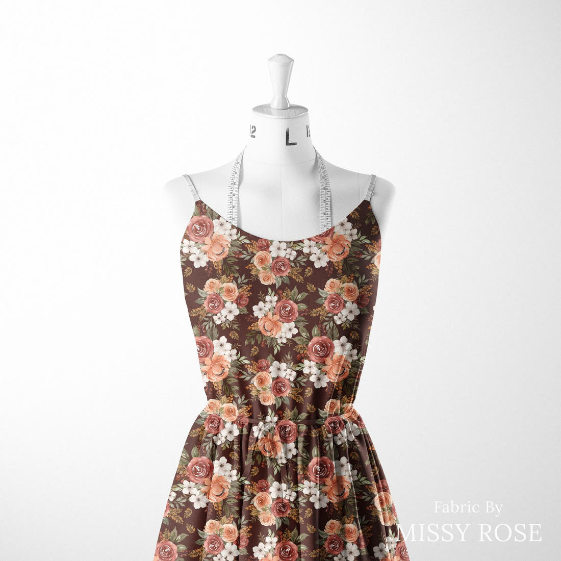 Design 218 Autumn Floral Fabric sewn into a women's dress – see how the print looks made up | Fabric by Missy Rose