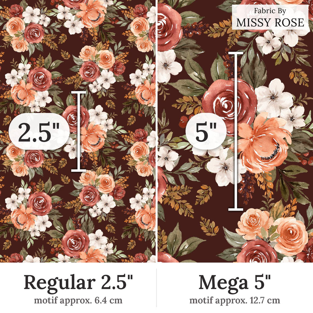 Design 218 Autumn Floral Fabric Regular 2.5 inch vs Mega 5 inch print scale side by side | Fabric by Missy Rose