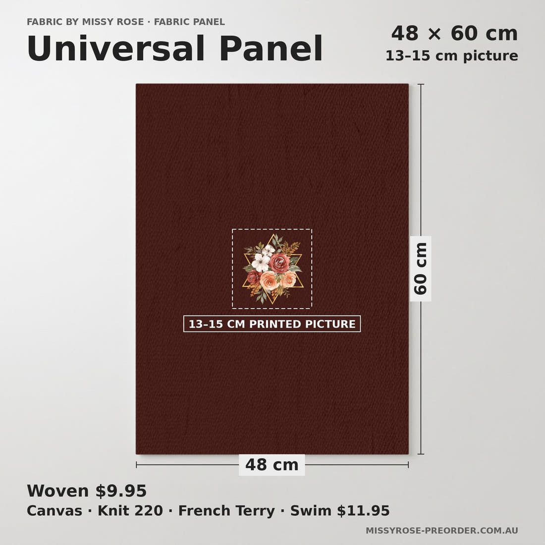 Design 218 Autumn Floral Panel universal panel sizing – 13–15 cm printed picture on 48 × 60 cm fabric | Fabric by Missy Rose