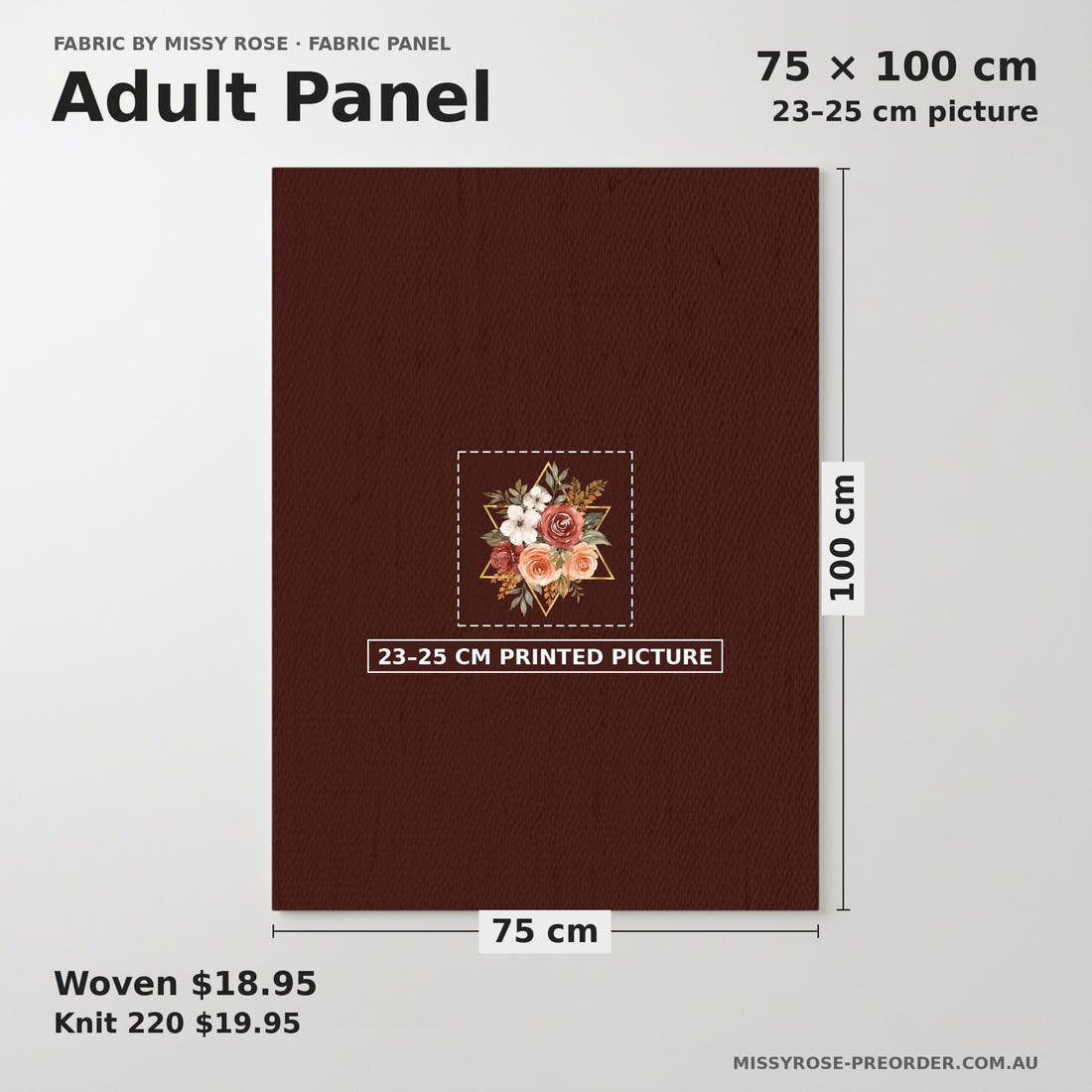 Design 218 Autumn Floral Panel adult panel sizing – 23–25 cm printed picture on 75 × 100 cm fabric | Fabric by Missy Rose