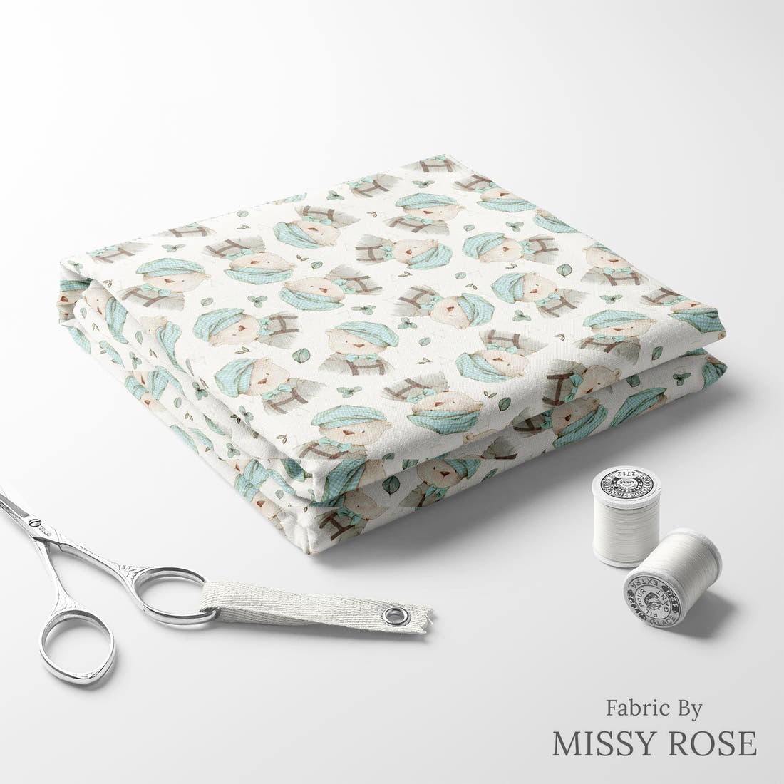 Design 219 Bear Fabric folded fabric stack with matching thread – pre-order fabric Australia | Fabric by Missy Rose