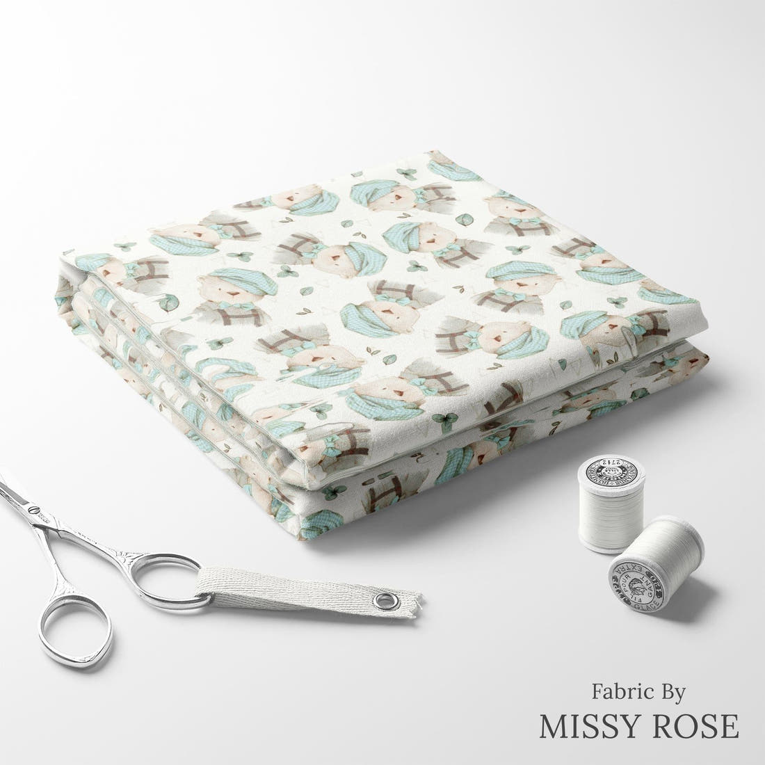 Design 219 Bear Fabric folded fabric stack with matching thread – pre-order fabric Australia | Fabric by Missy Rose
