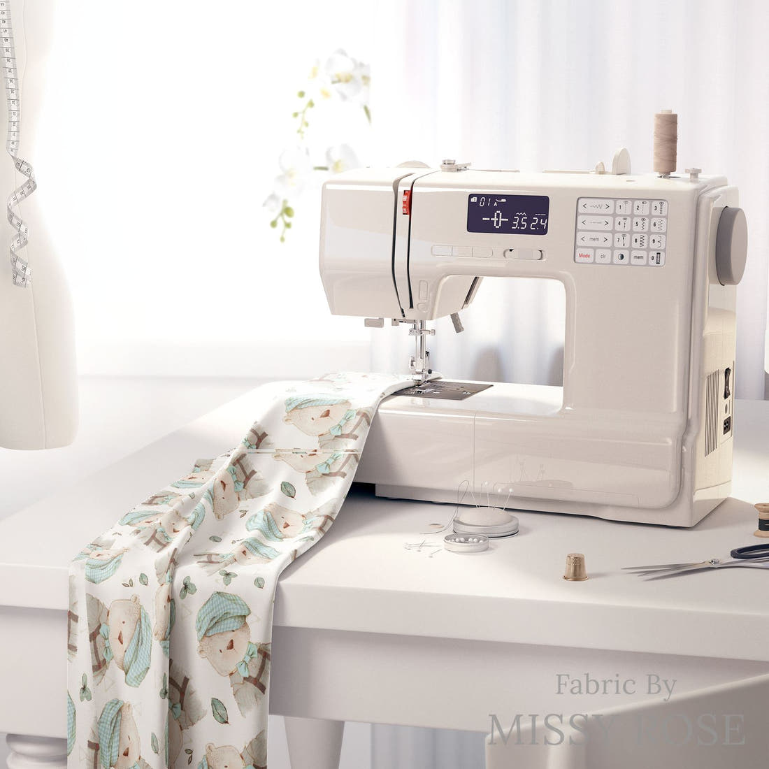 Design 219 Bear Fabric on a sewing machine – premium fabric for sewing projects | Fabric by Missy Rose