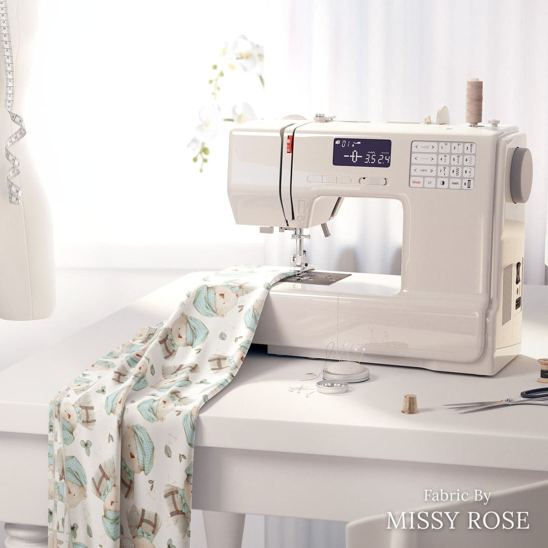 Design 219 Bear Fabric on a sewing machine – premium fabric for sewing projects | Fabric by Missy Rose