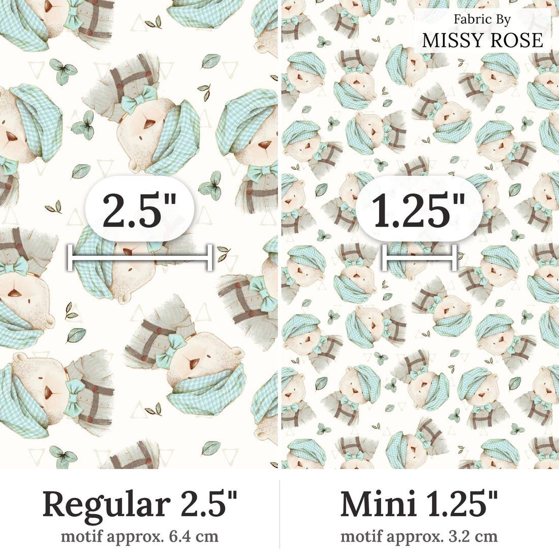 Design 219 Bear Fabric Regular 2.5 inch vs Mini 1.25 inch print scale side by side | Fabric by Missy Rose