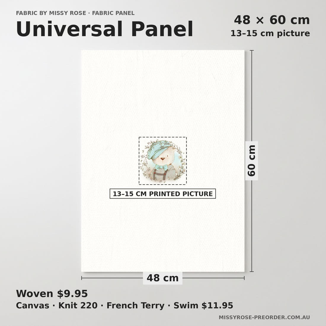 Design 219 Bear Panel universal panel sizing – 13–15 cm printed picture on 48 × 60 cm fabric | Fabric by Missy Rose