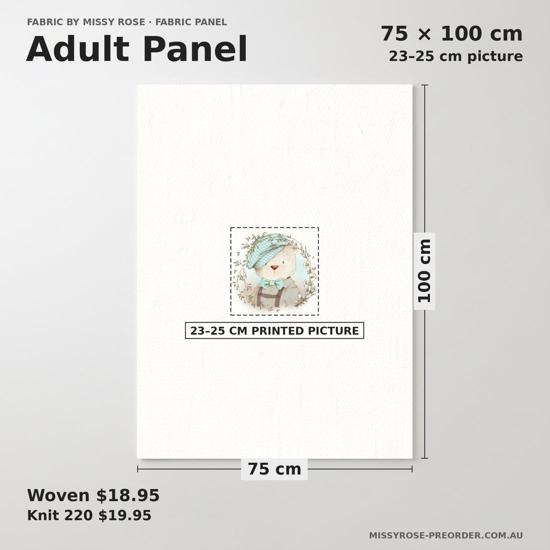 Design 219 Bear Panel adult panel sizing – 23–25 cm printed picture on 75 × 100 cm fabric | Fabric by Missy Rose