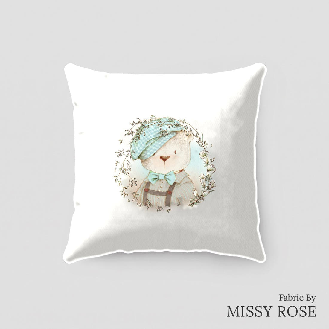 Design 219 Bear Panel sewn into a cushion – see how the panel looks made up | Fabric by Missy Rose