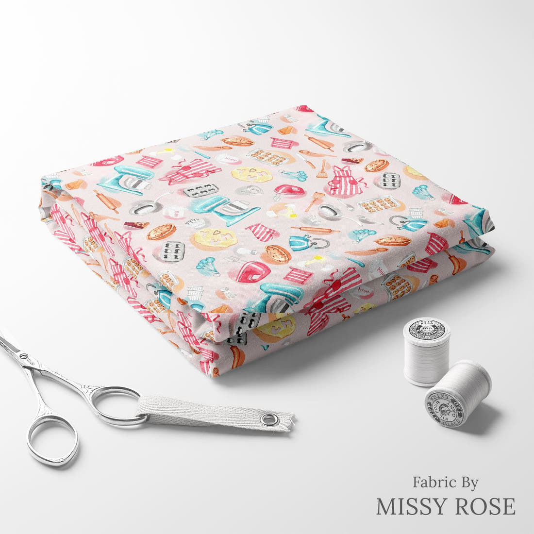 Design 22 Baking Fabric folded fabric stack with matching thread – pre-order fabric Australia | Fabric by Missy Rose