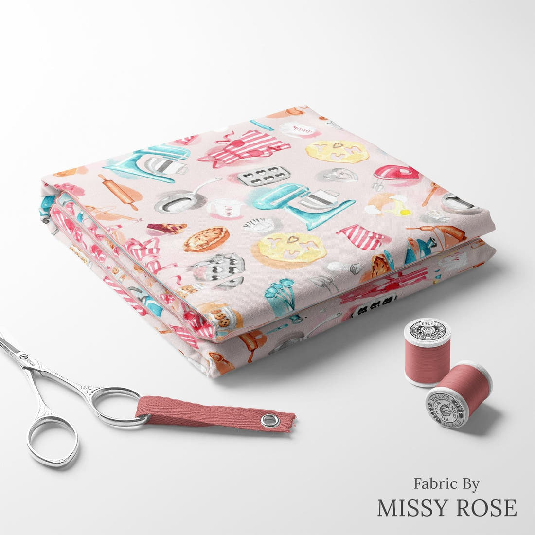 Design 22 Baking Fabric folded fabric stack with matching thread – pre-order fabric Australia | Fabric by Missy Rose